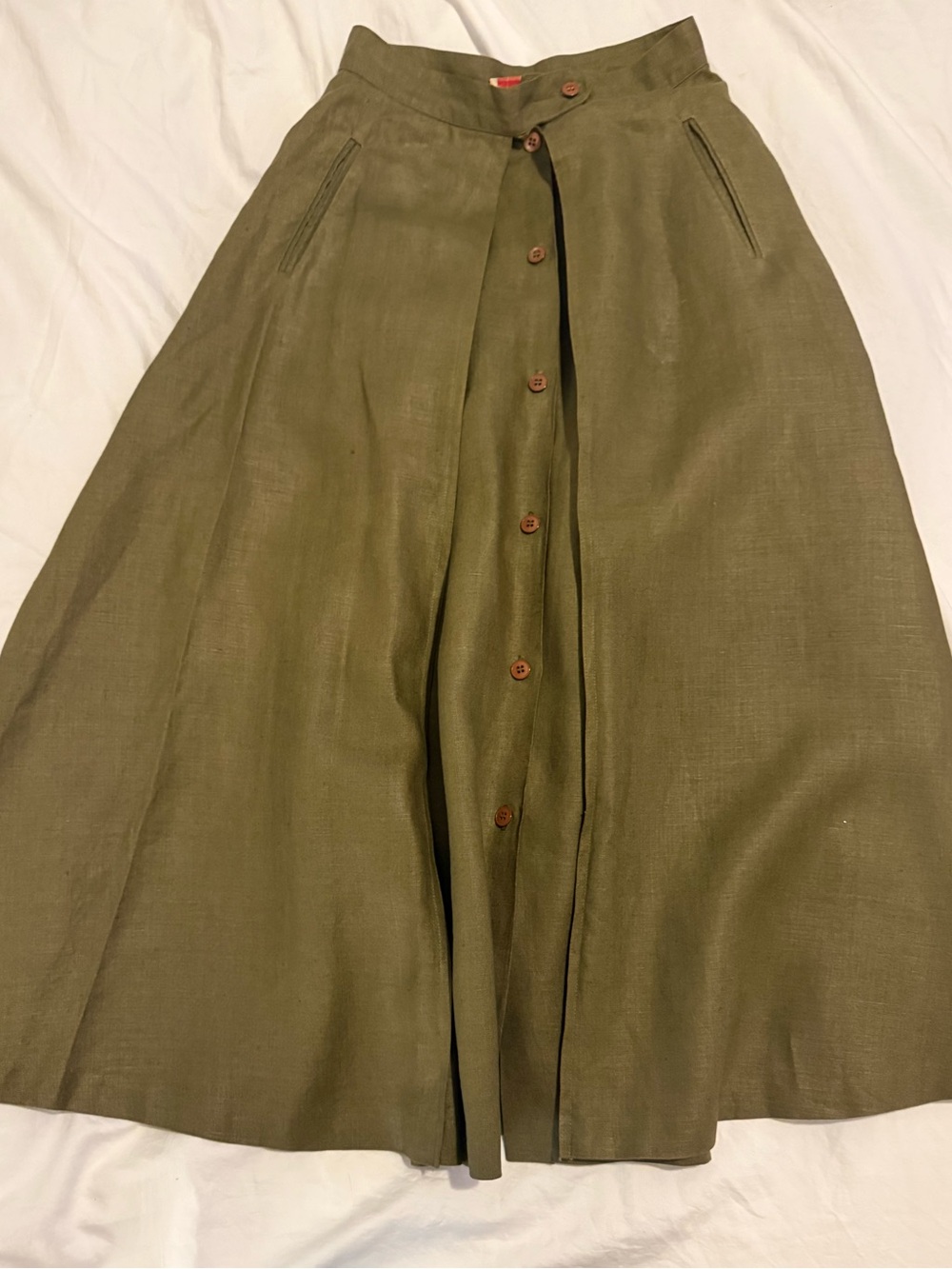 Vintage Equestrian Olive Button-Front A-Line Midi Skirt Linen EUC 0787